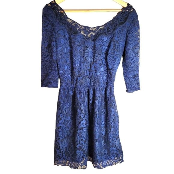 Navy Blue Dress with Elastic Waist 3/4 Sleeves and Lace Overlay - Picture 9 of 16